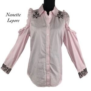 Nanette Lepore Pink White Striped Ruffle Cold Shoulder Blouse Size M